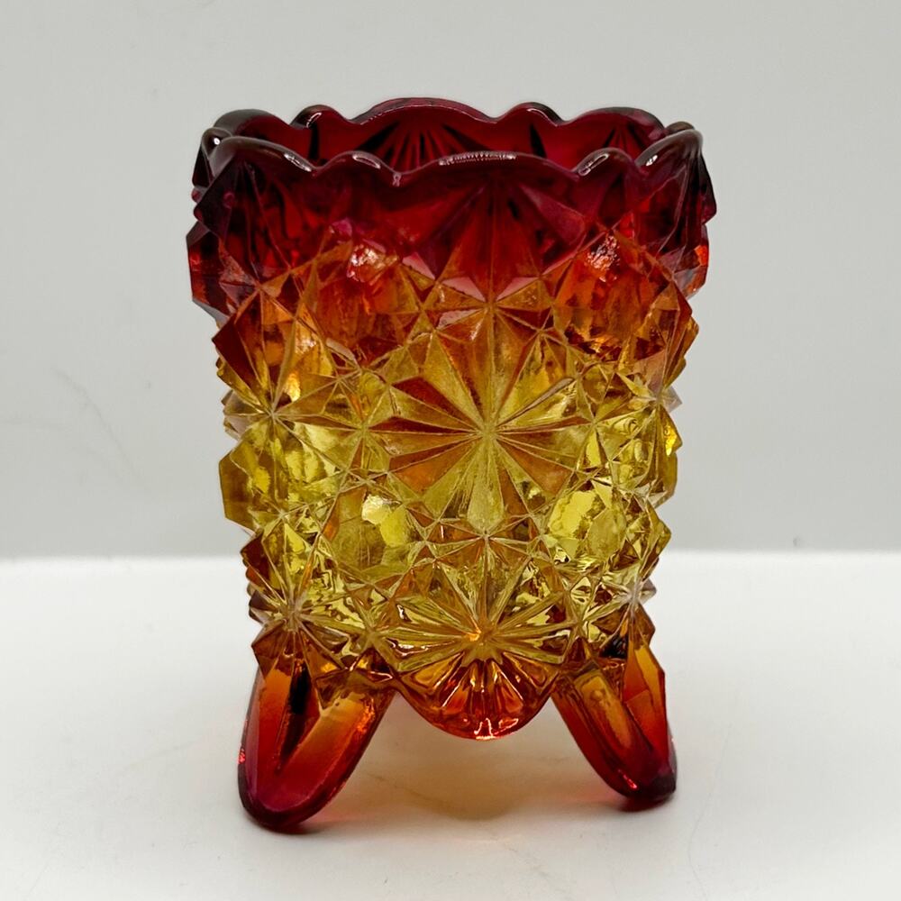 Antique Hobbs Brockuimer Daisy & Button 3 Footed Amberina Toothpick Holder 1800s